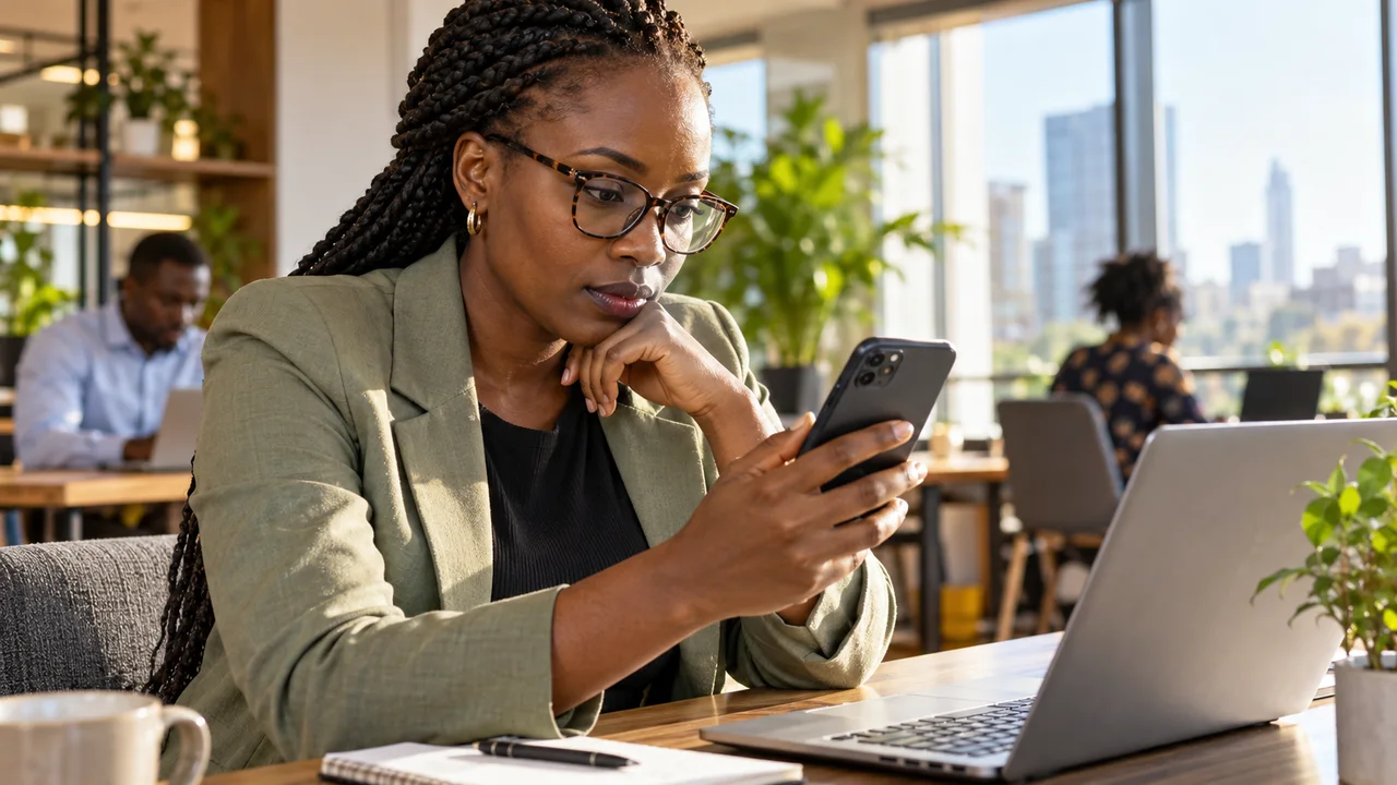 Kenyan consultant reviewing a website contact page on a smartphone in a Nairobi office