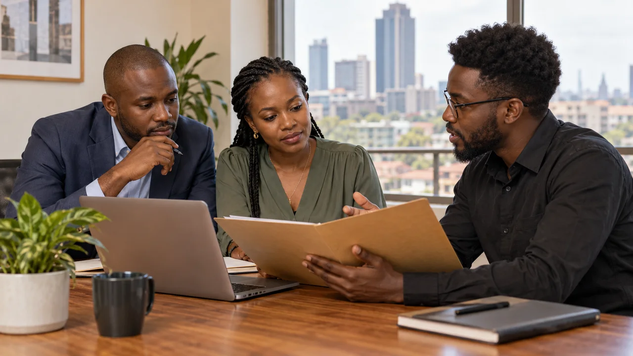 Kenyan business partners reviewing website handover records with a developer