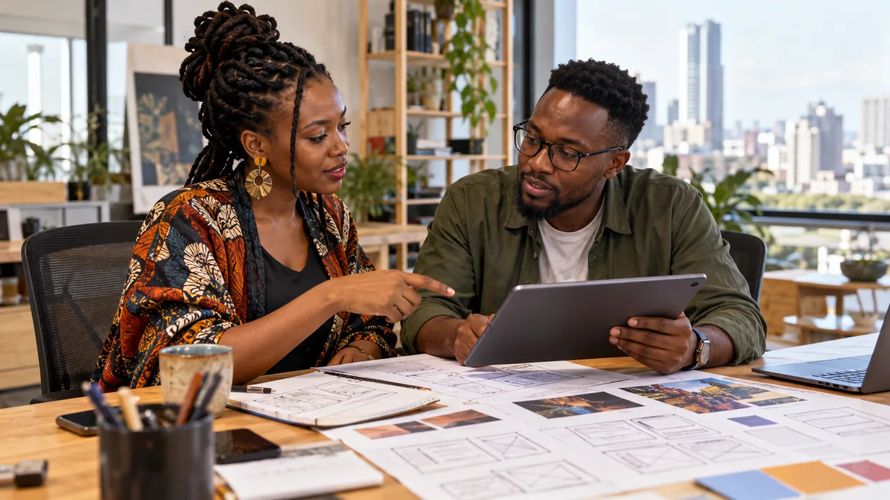 Entrepreneur and designer discussing a website portfolio and sketches