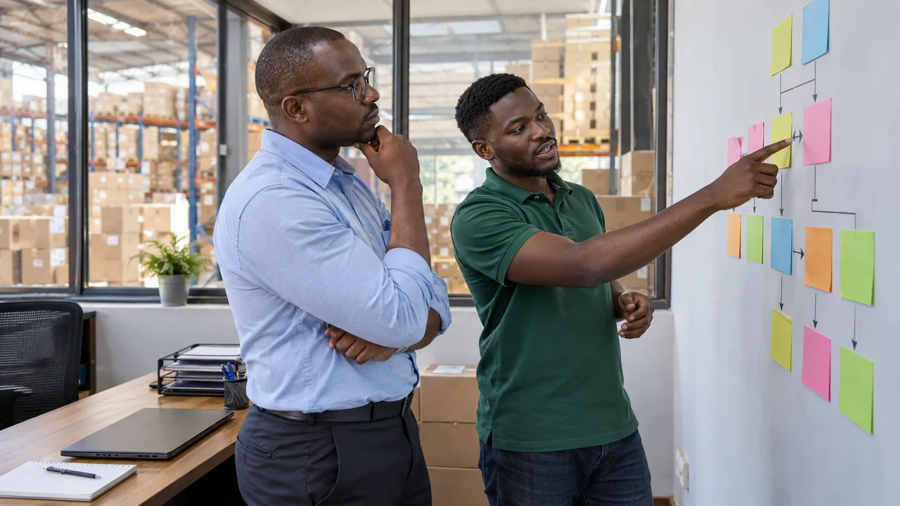 Kenyan operations manager and developer planning software workflows at a warehouse office
