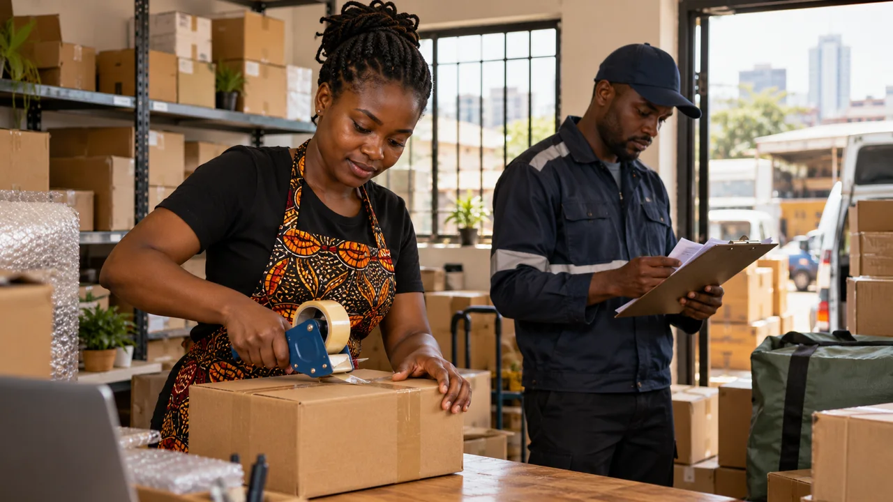 Kenyan retailer packing an online order while a courier checks dispatch details