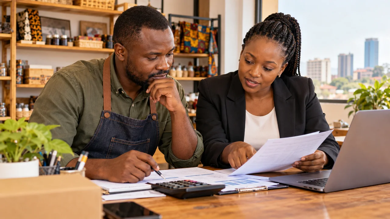 Shop owner and consultant reviewing a website project estimate