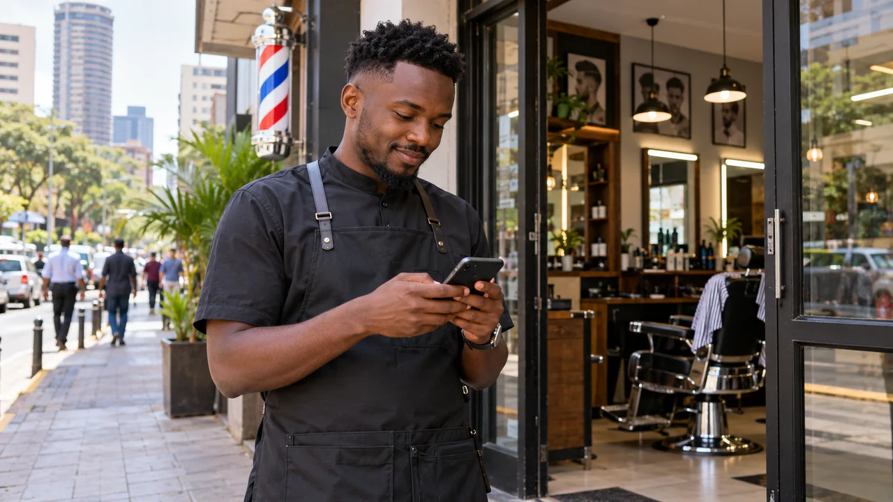 Barber checking a smartphone outside his neighbourhood barbershop