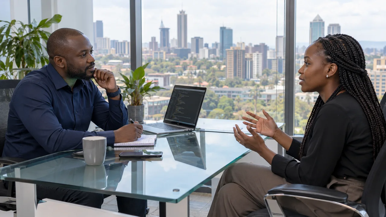Kenyan business director interviewing a software engineer in a Nairobi office