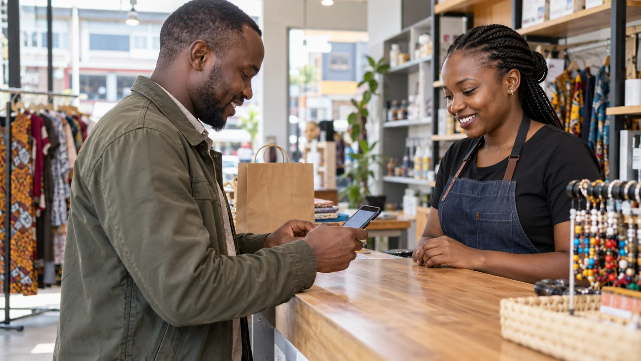 Customer paying by smartphone at a Nairobi shop counter