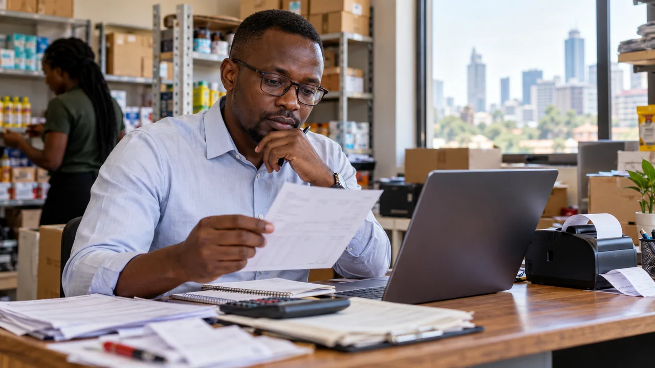 Accountant reviewing invoices beside a laptop and receipt printer