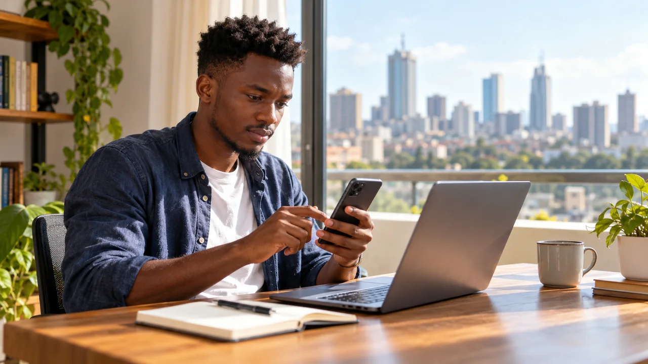 Developer testing a mobile website beside an open laptop