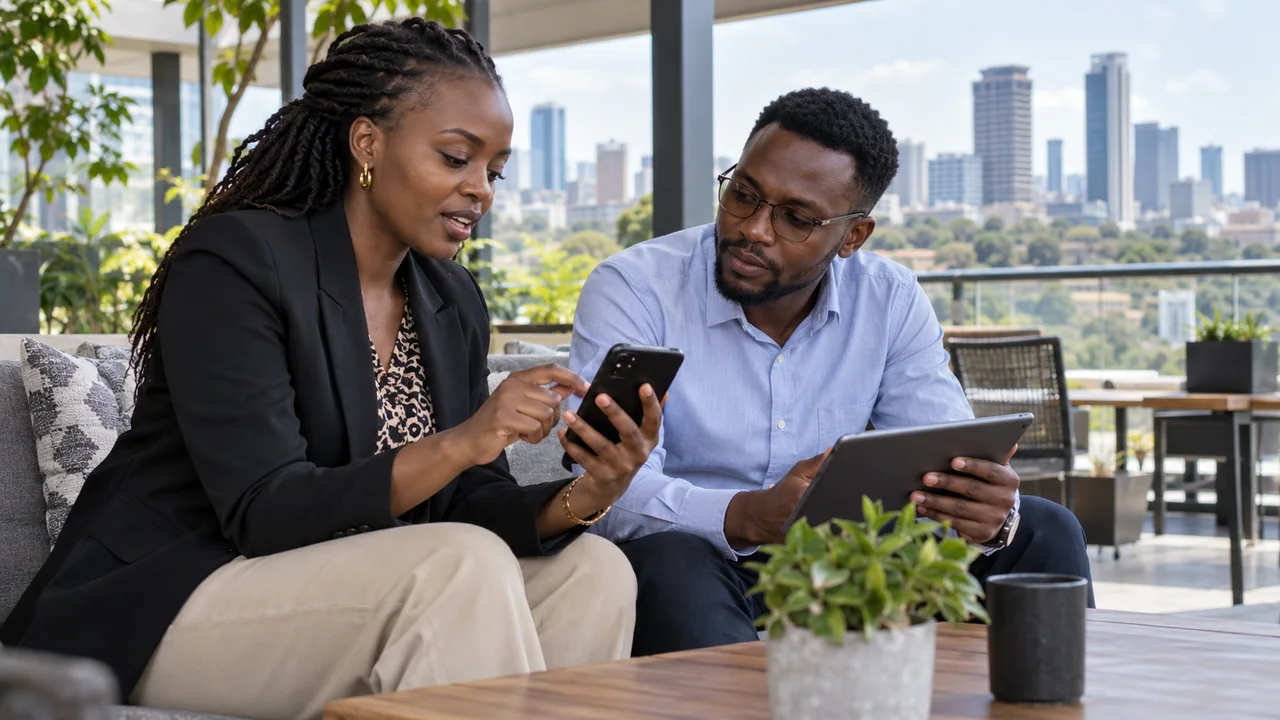 Startup colleagues comparing a smartphone and tablet on an office terrace
