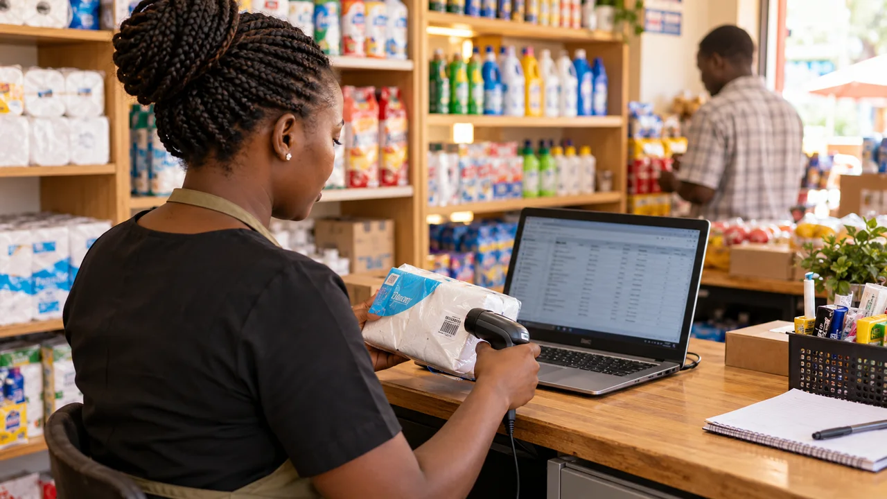 Kenyan store owner scanning a household item while checking online stock on a laptop