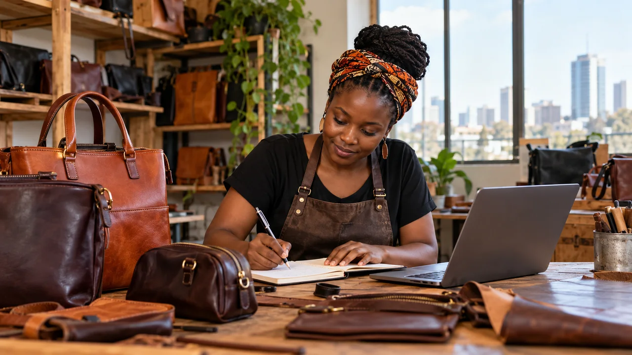 Leather goods retailer writing product details at a workshop table