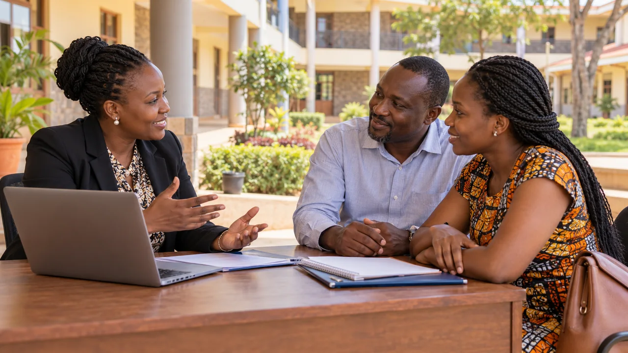 Kenyan school administrator discussing admissions with adult parents at a welcoming desk