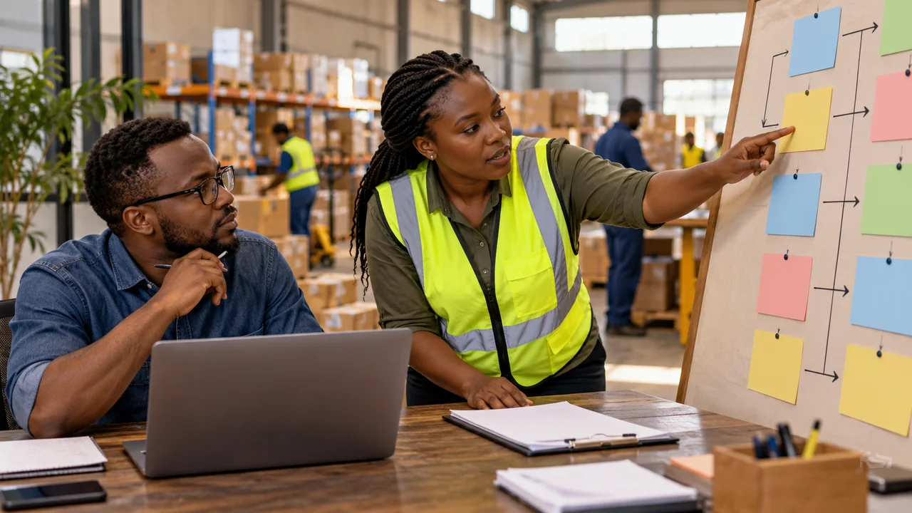 Kenyan distribution manager and developer reviewing a warehouse workflow board