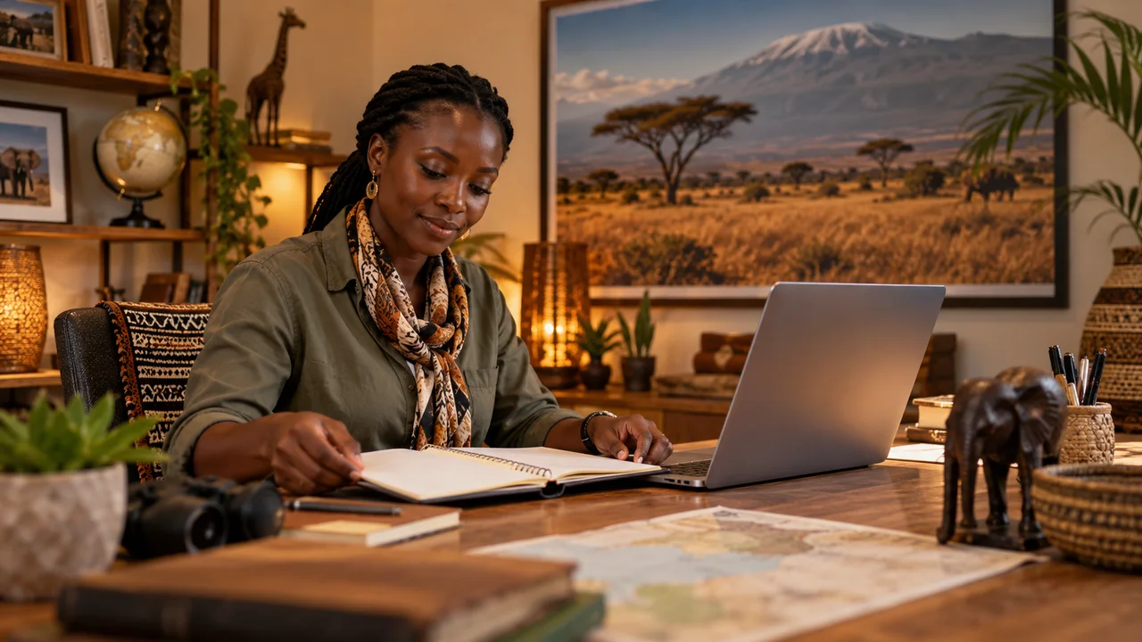 Kenyan safari planner preparing an itinerary beside a laptop in a Nairobi travel office