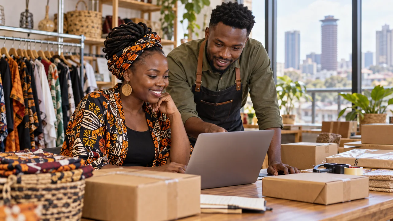 Boutique owner and assistant using a laptop at a parcel packing table