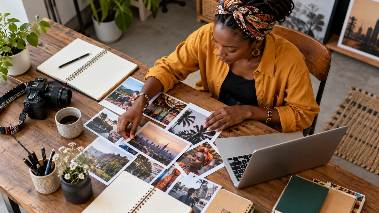 Kenyan businesswoman organising photographs and notes for a website content brief