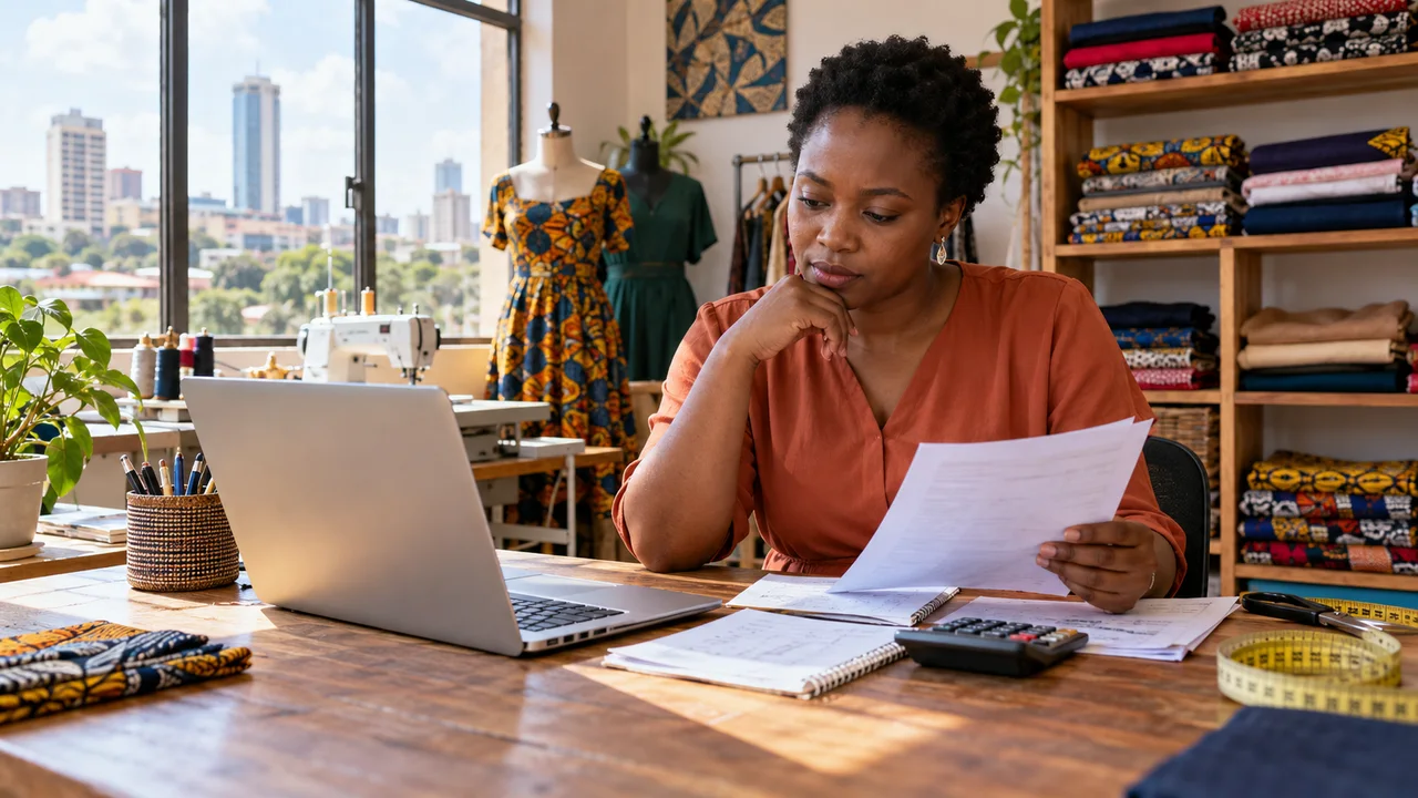 Kenyan business owner comparing a website budget at a tailoring studio