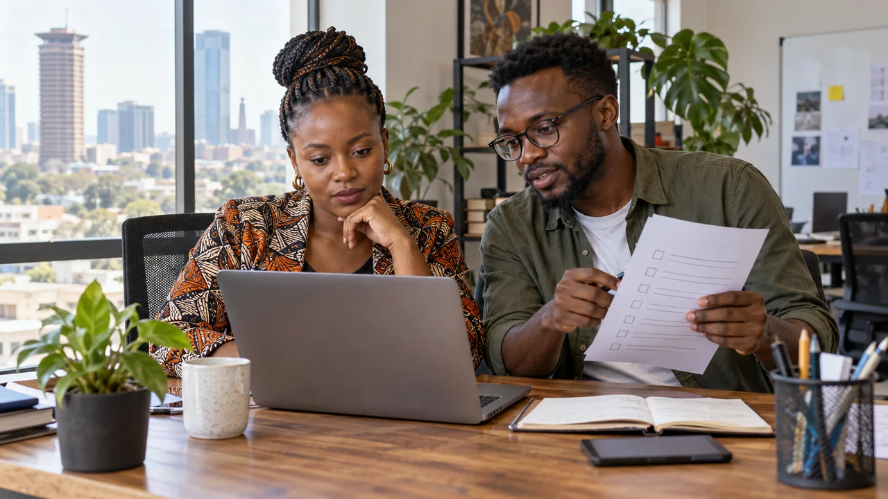 Business owner and developer reviewing a website launch checklist at a Nairobi office desk