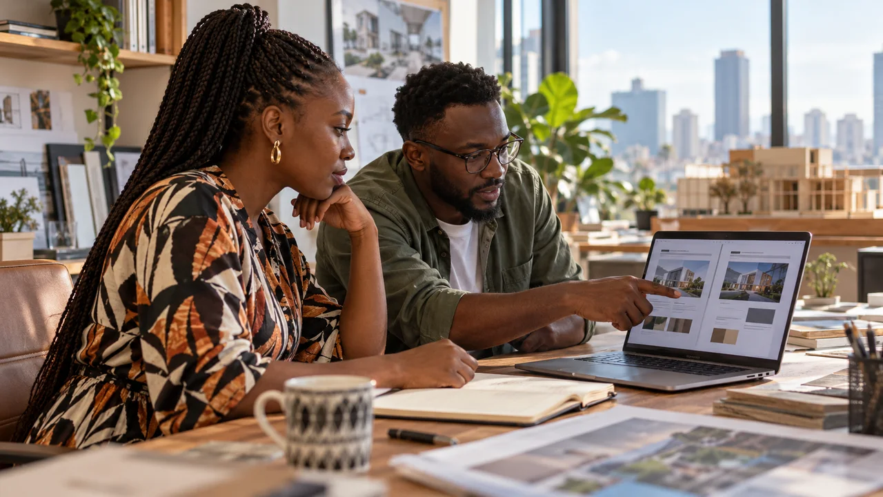 Kenyan business owner and designer comparing website layouts in a Nairobi studio