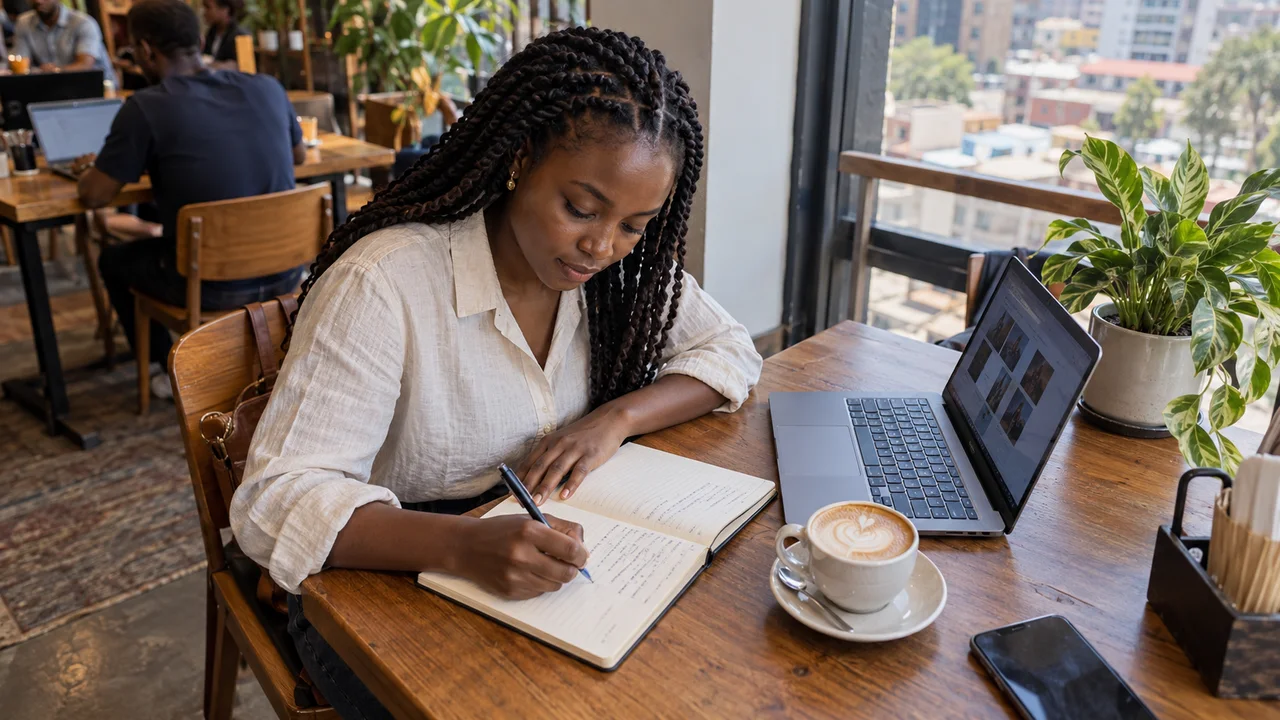Kenyan businesswoman writing a website and software project brief at a Nairobi coworking cafe