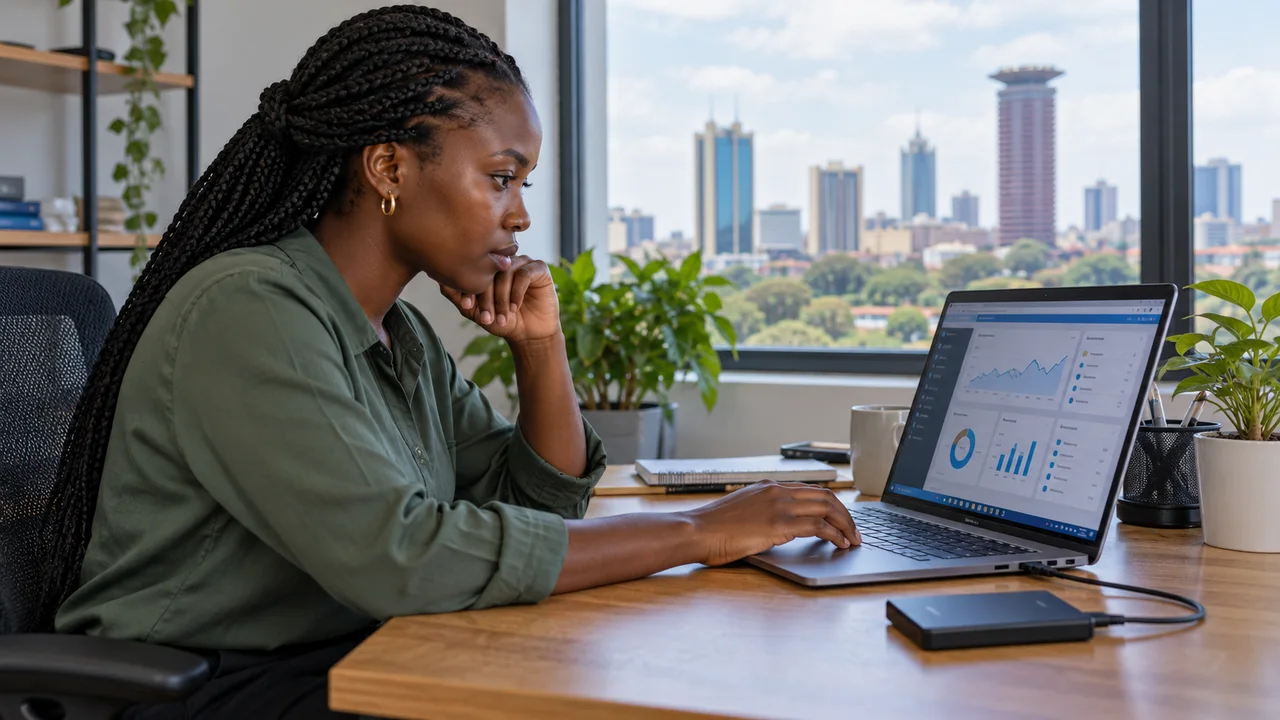 IT specialist reviewing a computer dashboard beside a backup drive