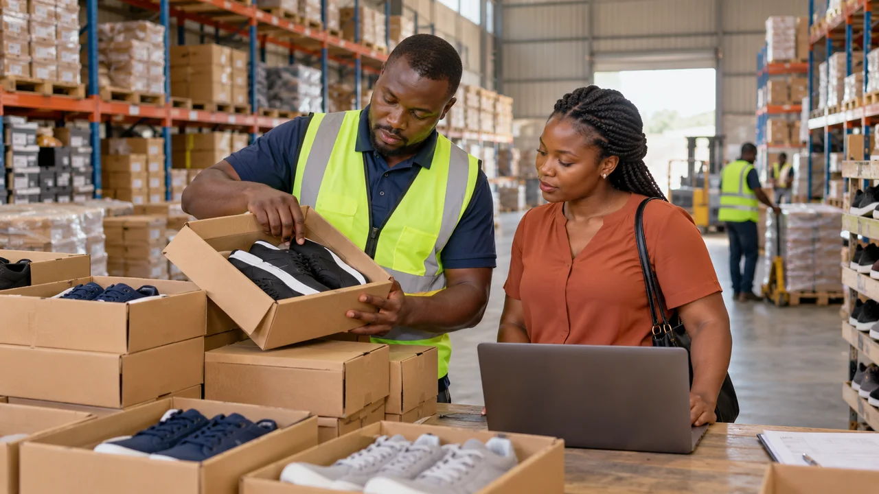 Wholesale footwear manager and retailer checking boxed stock in an Athi River warehouse