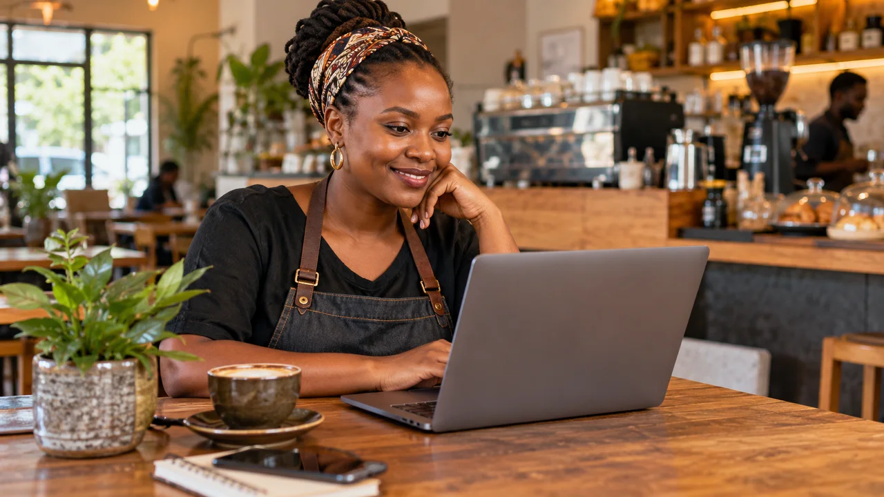 Cafe owner using a laptop at a table inside her business