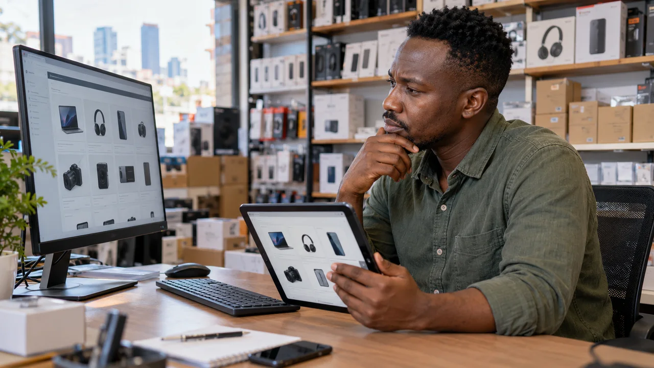 Electronics merchant comparing online store interfaces on a monitor and tablet