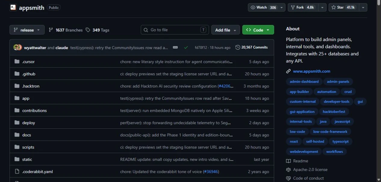 Appsmith upstream GitHub repository showing its source files and project information