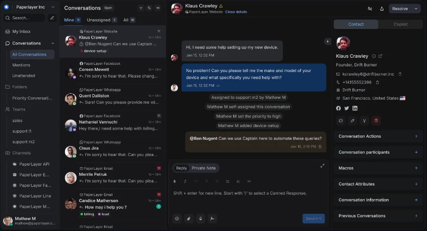 Chatwoot's shared inbox: a conversation list with WhatsApp, Facebook and email chats, an open conversation with assignment notes, and the customer's contact details
