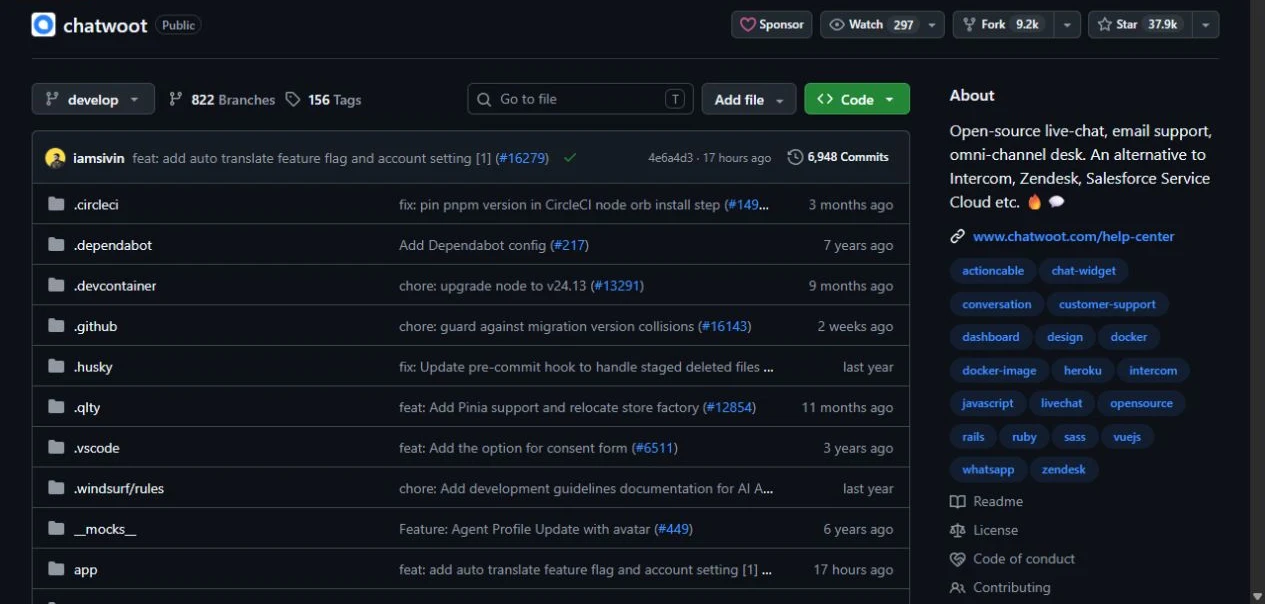 Chatwoot upstream GitHub repository showing its source files and project information
