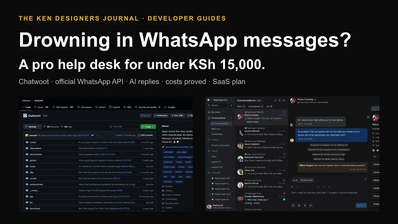 Chatwoot open-source help desk for WhatsApp, shown with screenshots of its GitHub repository and shared inbox