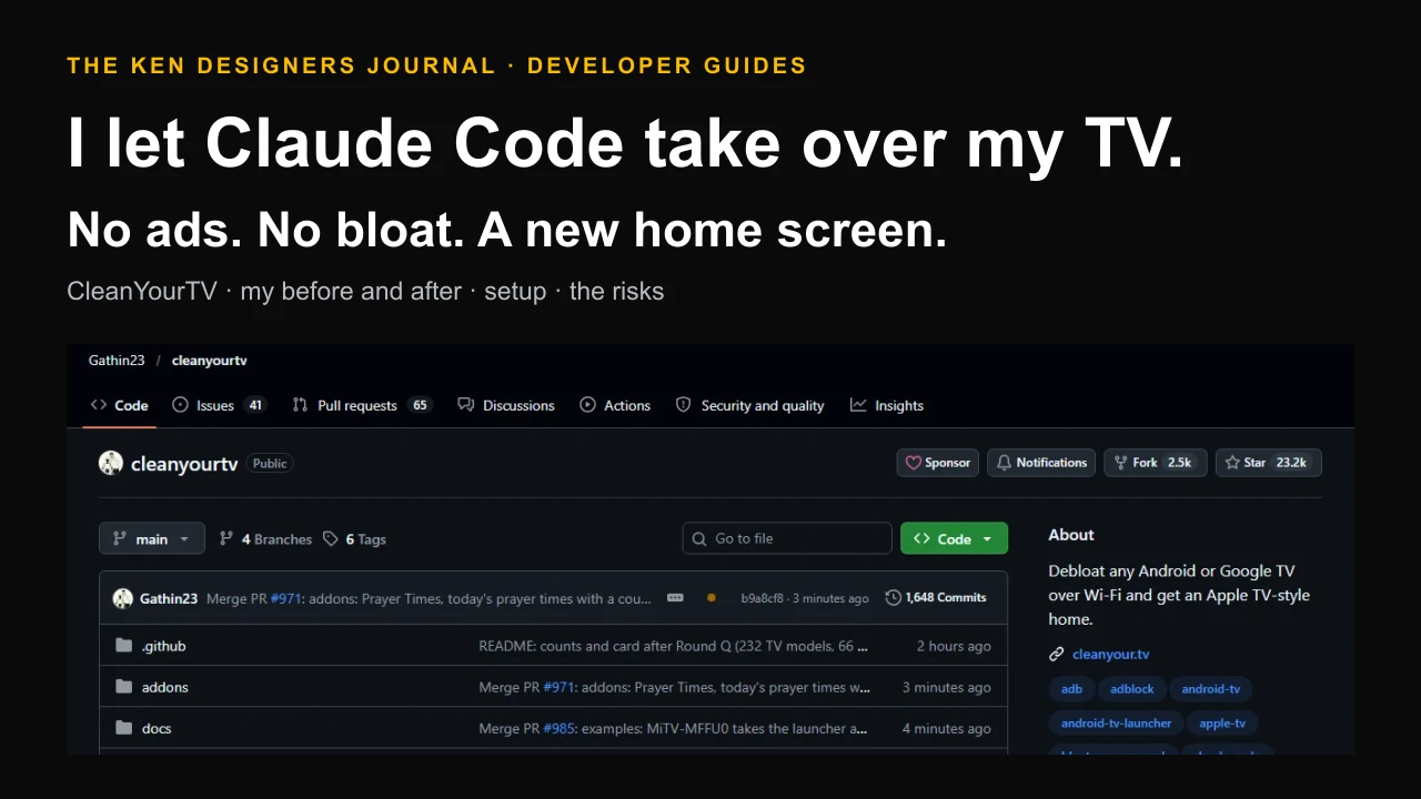 CleanYourTV: debloat any Android or Google TV over Wi-Fi, shown with a screenshot of the Gathin23/cleanyourtv GitHub repository