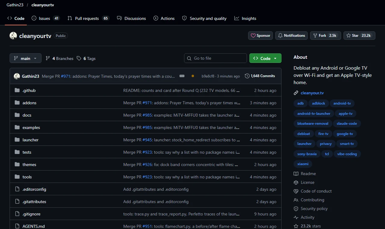 The Gathin23/cleanyourtv GitHub repository: Debloat any Android or Google TV over Wi-Fi and get an Apple TV-style home, with 23.2k stars and 2.5k forks