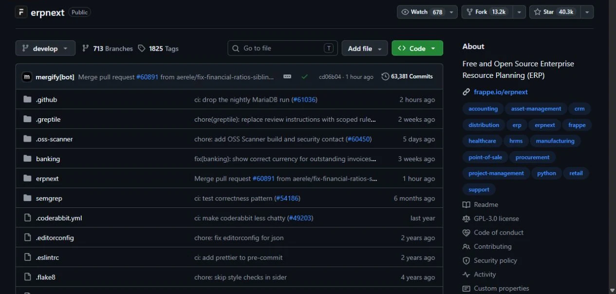 ERPNext upstream GitHub repository showing its source files and project information