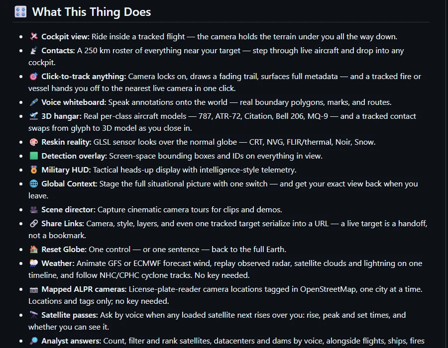 The God's Eye View README feature list: cockpit view, contacts, click-to-track, voice whiteboard, 3D hangar, sensor styles, detection overlay and more