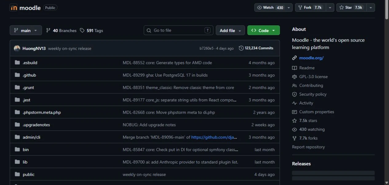 Moodle upstream GitHub repository showing its source files and project information