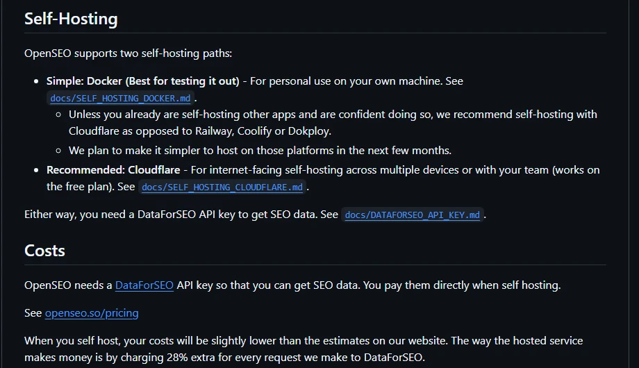 The OpenSEO README Self-Hosting and Costs sections, explaining the DataForSEO key and the hosted service's 28% markup