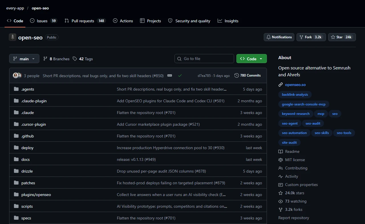 The every-app/open-seo GitHub repository showing its folders, MIT licence, 24k stars, 3.2k forks and 780 commits