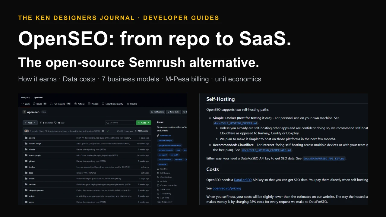OpenSEO, the open-source alternative to Semrush and Ahrefs, shown with screenshots of its GitHub repository and README costs section