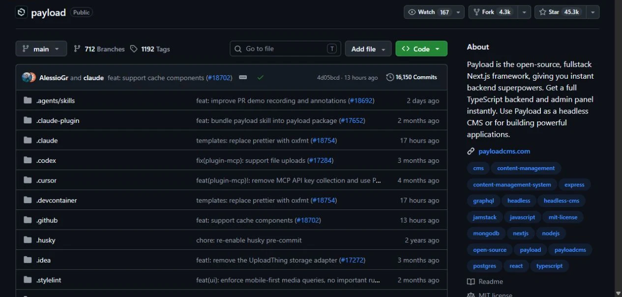 Payload upstream GitHub repository showing its source files and project information