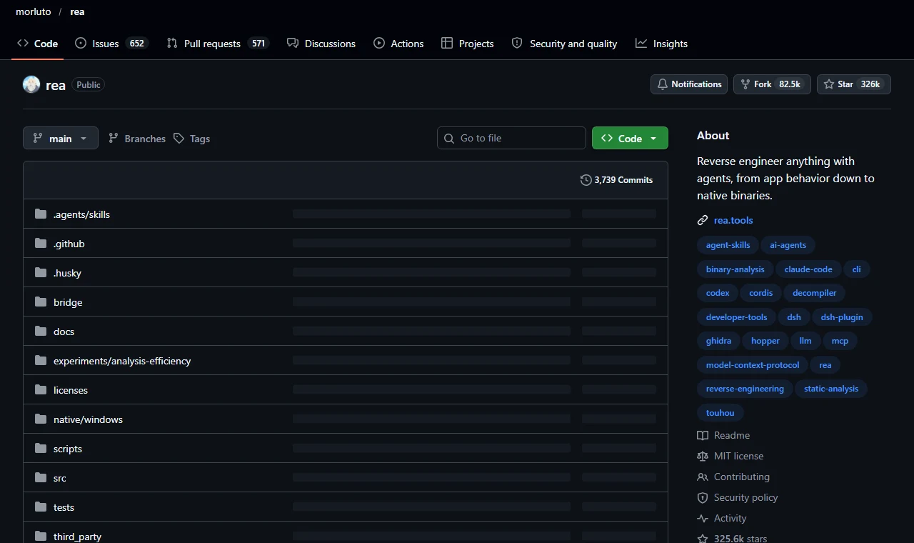 The morluto/rea GitHub repository: REA, Reverse Engineer Anything, with its description, star and fork counts