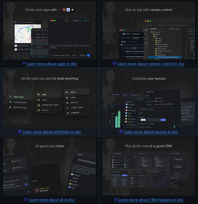 Twenty's README feature overview: building apps, version control, data model and logic tools, customisable layouts, AI agents and chats, and core CRM tools such as kanban views, email and calendar sync, dashboards and workflows