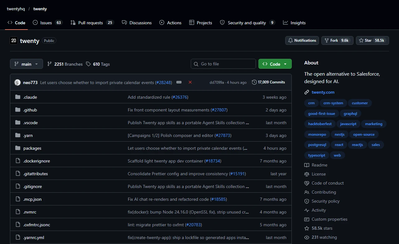 The twentyhq/twenty GitHub repository showing 58.5k stars, 9.6k forks, 17,009 commits and the description The open alternative to Salesforce, designed for AI