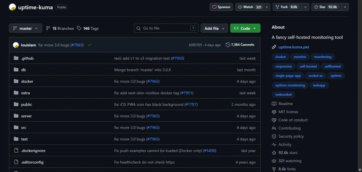 Uptime Kuma upstream GitHub repository showing its source files and project information
