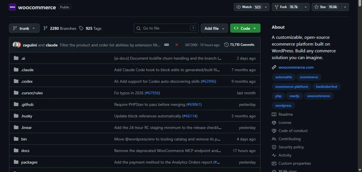 WooCommerce upstream GitHub repository showing its source files and project information