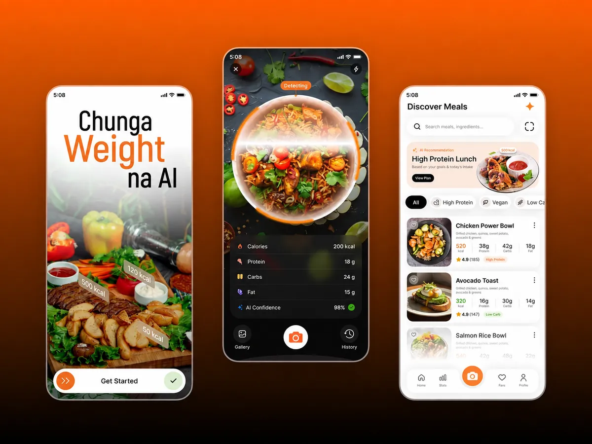 Three mobile app screens for an AI meal and calorie tracker: onboarding, camera food scan with nutrition breakdown, and meal discovery
