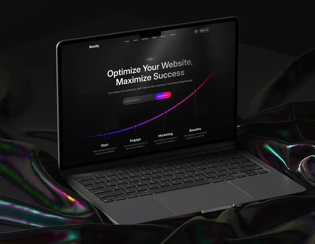 Laptop showing an SEO landing page with a rising growth curve from start to engage, marketing and benefits