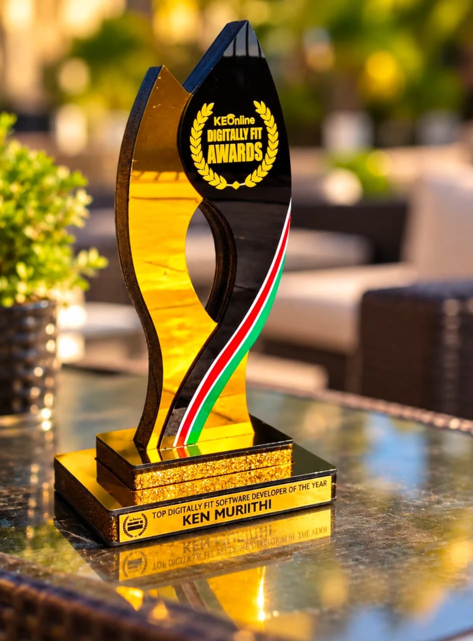 Ken Murithi’s gold and black KEOnline Digitally Fit Awards trophy, engraved Top Digitally Fit Software Developer of the Year