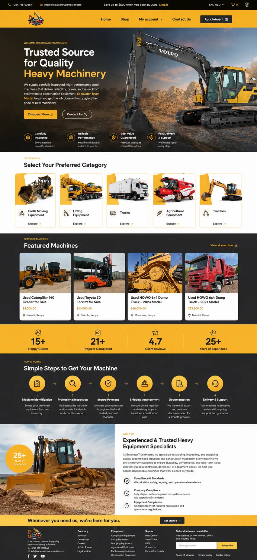 Excavator Truck Master heavy machinery store with a Volvo excavator hero, equipment categories and used machines priced in US dollars
