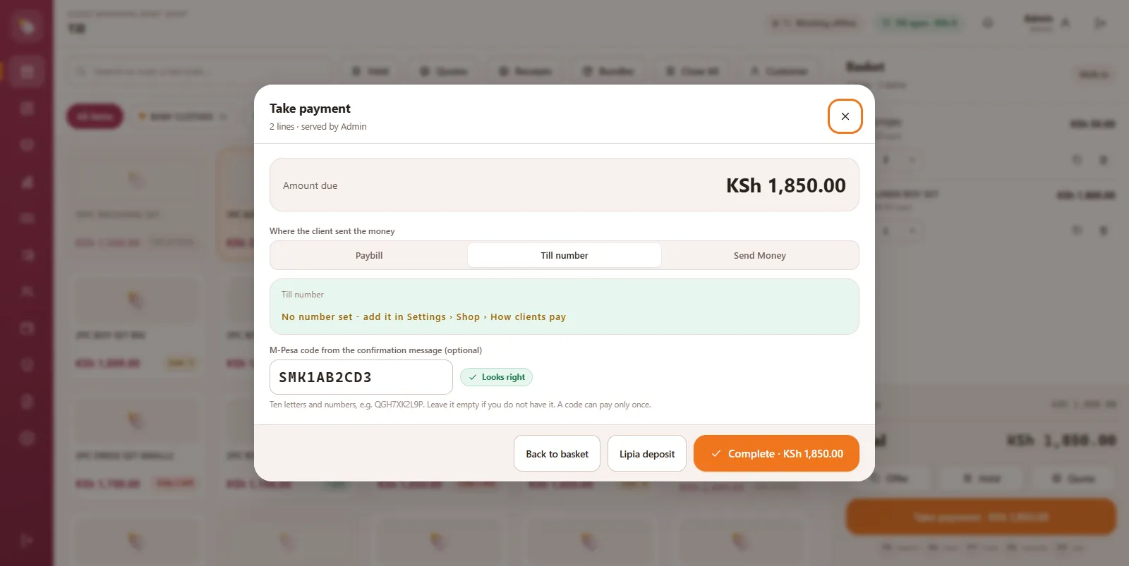 Take payment dialog with Paybill, Till number and Send Money options and an M-Pesa confirmation code marked as looking right